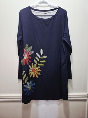 Nanushka Navy Long Sleeve Top with Multicolor Floral Stitching